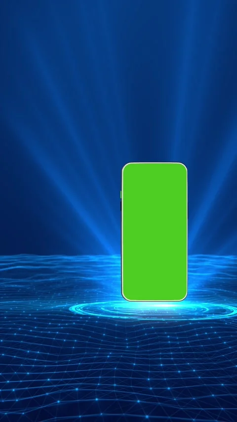 Phone green screen tech background with blue glowing platform, network floor, an Stock Footage 340550473