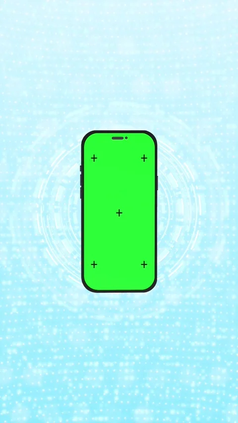 Phone green screen tech bright chroma display, digital particles, circular HUD d Stock Footage 340528313