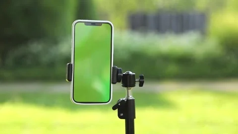 A phone with a green screen on a tripod, phone chroma Stock Footage 245178396