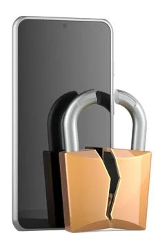 Phone hacking, concept. Smartphone with Broken Padlock, 3D rendering Phone... Stock Photos