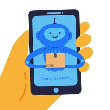 Phone in hand with chat bot with a delivery note Stock Illustration