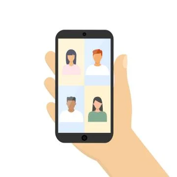 Phone in hand with group of people talking Stock Illustration