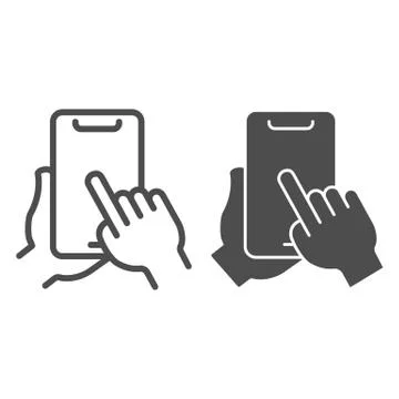 Phone in hand line and solid icon, smartphone review concept, hand holding 스톡 일러스트