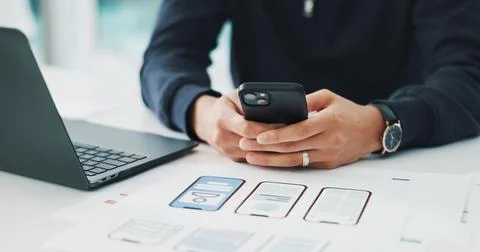 Phone, hands and man with documents for app development in office with rese.. Stock Photos
