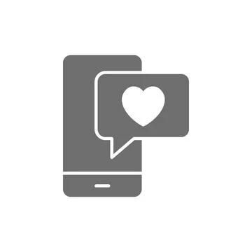 Phone with heart bubble, love chat, like message, positive feedback grey icon. Stock Illustration