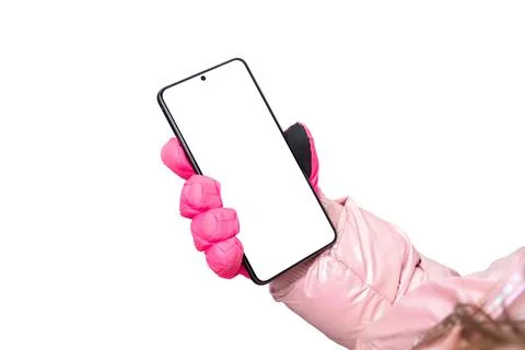 Phone held in a winter gloved girl hand, isolated display and background for  Stock Photos