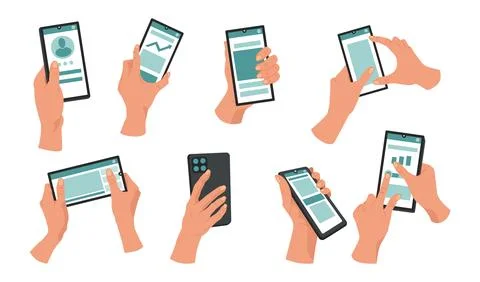 Phone hold hand. Use smart smartphone. Finger press on screen. Swipe arm on t Illustrazione stock