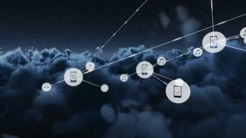 Phone icon appearing and moving, nodes multiplying and converging, visualizing Stock Footage 330078464
