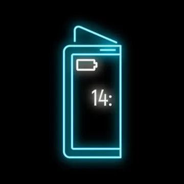 Phone icon displaying low battery and time glowing with neon effect Stock Illustration