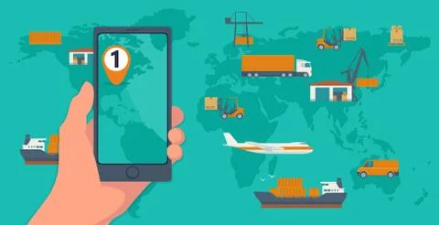 Phone with interface mobile app for cargo service on a screen. Logistic conce Stock Illustration