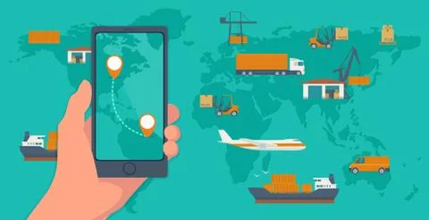 Phone with interface mobile app for cargo service on a screen. Logistic concept Illustrazione stock