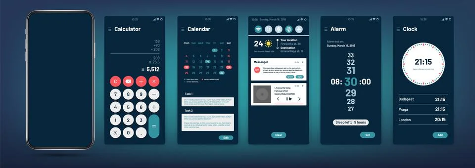 Phone interface. Modern mobile application template. Calendar, clock, alarm and Illustration
