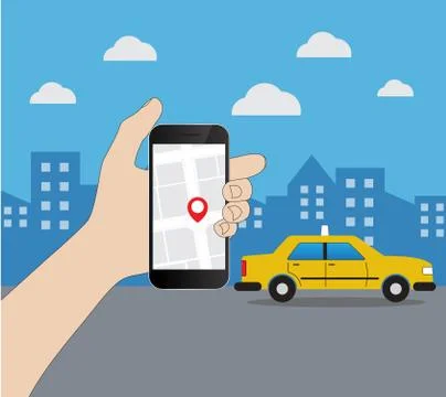 Phone with interface taxi on a screen on a background the city イラスト素材