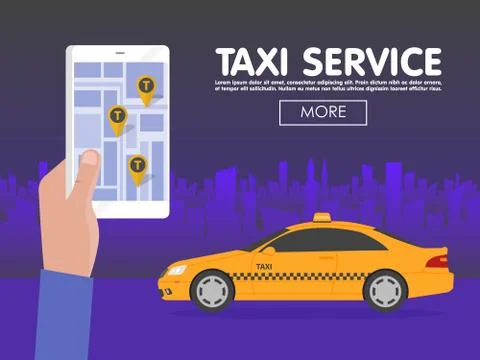 Phone with interface taxi on screen on background the city. Mobile app for .. Stock Illustration