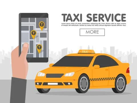 Phone with interface taxi on screen on background the city. Mobile app for .. Stock Illustration