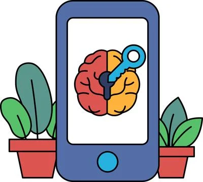 A phone with a key on it and a brain on the screen Illustrazione stock
