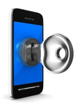 Phone with key on white background. Isolated 3D image Ilustração Stock