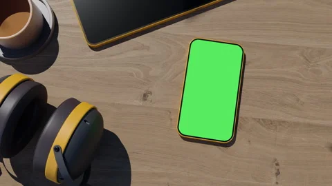 A phone lying on a table, an animation of a gadget on a wooden table. the vid Video stock 260939537