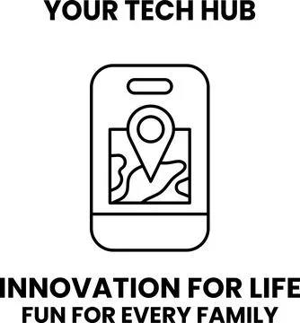 A phone with a map on it and the words "Your Tech Hub" above it Ilustração Stock
