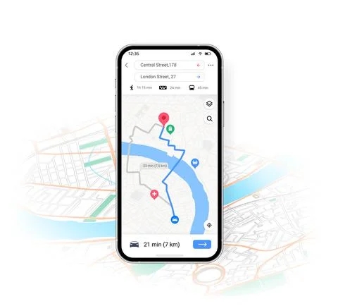 Phone map UI. Mobile application with transport location and route direction 스톡 일러스트