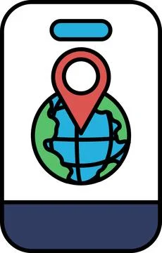 A phone with a map of the world and a red dot on it Stock Illustration