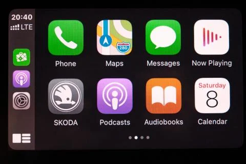 Phone, maps, messanges, now playing, skoda, podcasts, audiobooks, calendar in Stock Photos