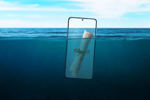 Phone as a message in a bottle in the sea concept. Phone floats at sea. The m Stock Photos
