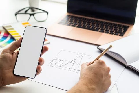 Phone mock up on graphic design studio Stock Illustration