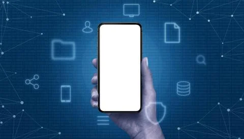 Phone mockup in hand surrounded with computing icons and metwork threads. Bin Stockfoto's