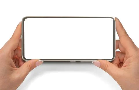 Phone mockup in horizontal position. close up hands hold cellphone isolated o Stock Photos