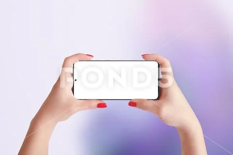 Phone mockup in horizontal position in woman hands. Purple abstract background PSD-Vorlage