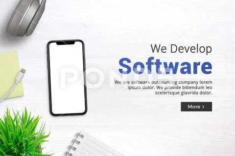 Phone mockup on office desk and header slider text beside PSD Template