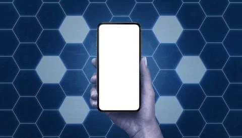 Phone mockup surrounded with hexagon shape network with free cells. Tehnology Photos
