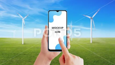 Phone mockup with wind generator in background PSD Template
