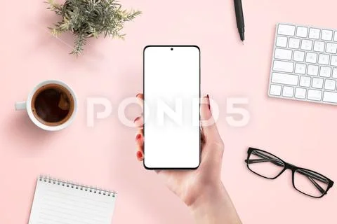 Phone mockup in woman hand. Clean scene for app promotion PSD-Vorlage