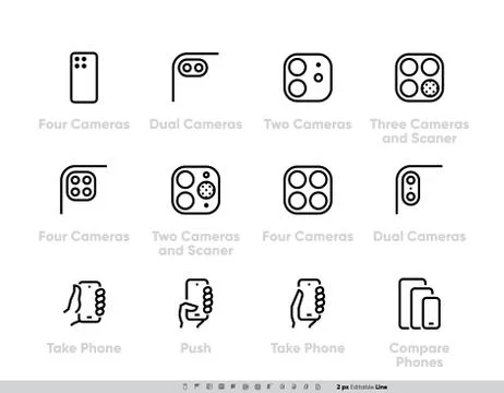 Phone Multi-camera Systems icons set. Ultra Wide, Wide, Telephoto Cameras Stock-Illustration