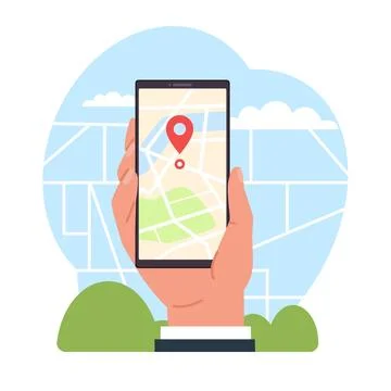 Phone navigation app with map and location pointer. Hand hold smartphone with イラスト素材