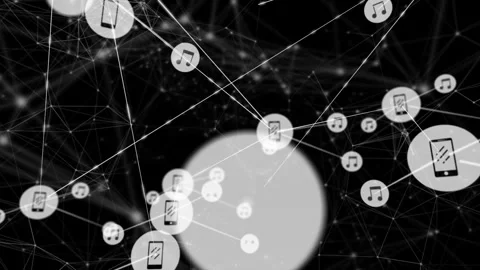 Phone node appearing on black mesh forming digital network nodes linking cam Stock Footage 332821692