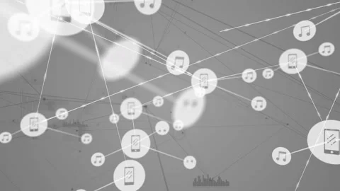 Phone node appearing, sparking network, linking phone and music-note icons, Stock Footage 331048381