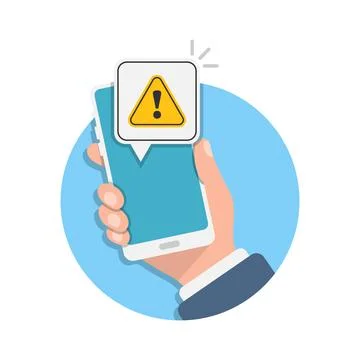 Phone notifications icon in flat style. Smartphone with exclamation point in  Illustrazione stock