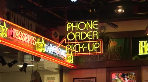 Phone order pick-up - neon restaurant sign Stock Footage 48827191