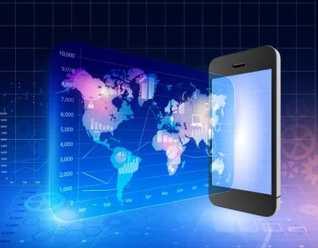 Phone with outside screen the world map and icons Stock Illustration