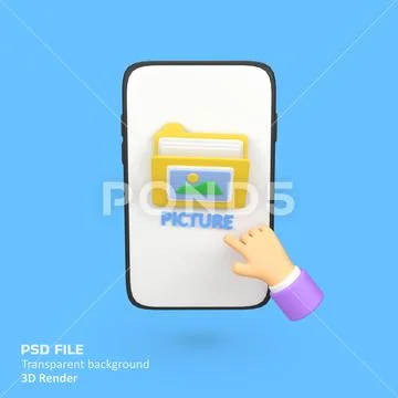 Phone with picture folder and hand touch isolated 3d render icon illustration PSD Template