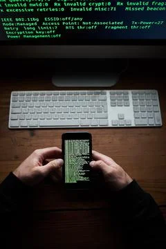 Phone, programmer hands and data screen with software for hacking crime or cyber 스톡 사진