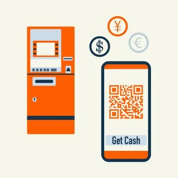 Phone with qr code, ATM cash withdrawal. Vector イラスト素材