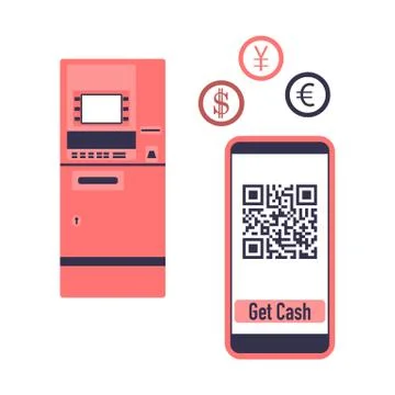 Phone with qr code, ATM cash withdrawal. Vector Stock-Illustration