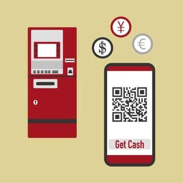 Phone with qr code, ATM cash withdrawal. Vector Illustrazione stock