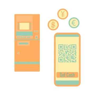 Phone with qr code, ATM cash withdrawal. Vector Illustrazione stock