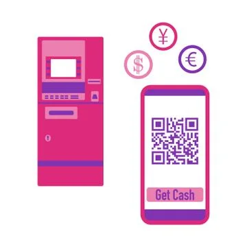 Phone with qr code, ATM cash withdrawal. Vector 스톡 일러스트