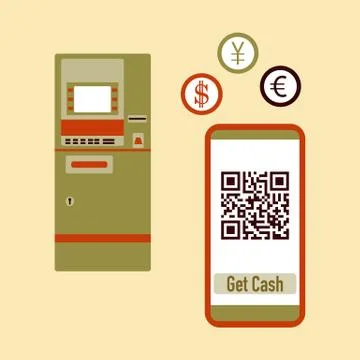 Phone with qr code, ATM cash withdrawal. Vector 스톡 일러스트